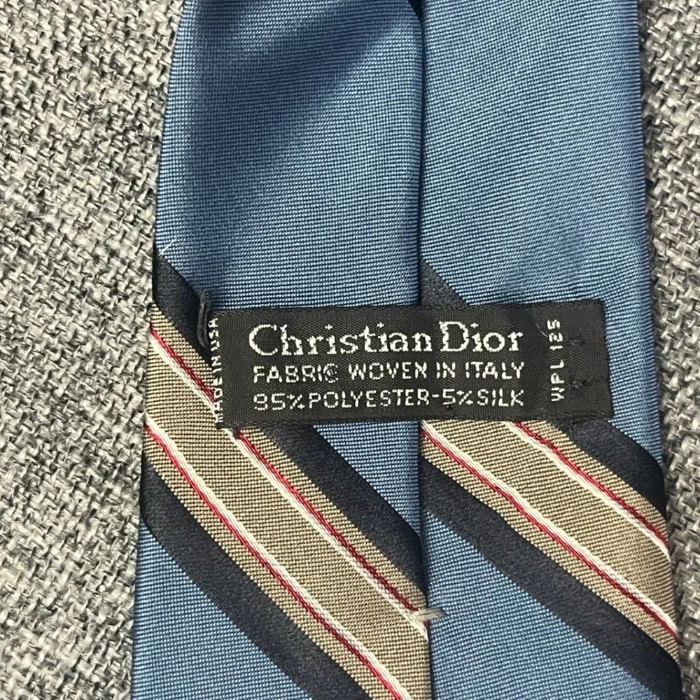 Vintage Christian Dior Mens Blue Striped Silk Blend Tie Woven in Italy Logo